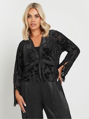 Yours Curve Black Floral Burnout Tie Front Jacket - Image 1 of 5