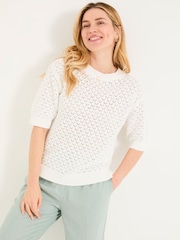 FatFace Maysie White Knitted T-Shirt - Image 1 of 6