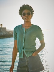 FatFace Lili Teal Blue Laundered Short Sleeve Cardigan - Image 1 of 7