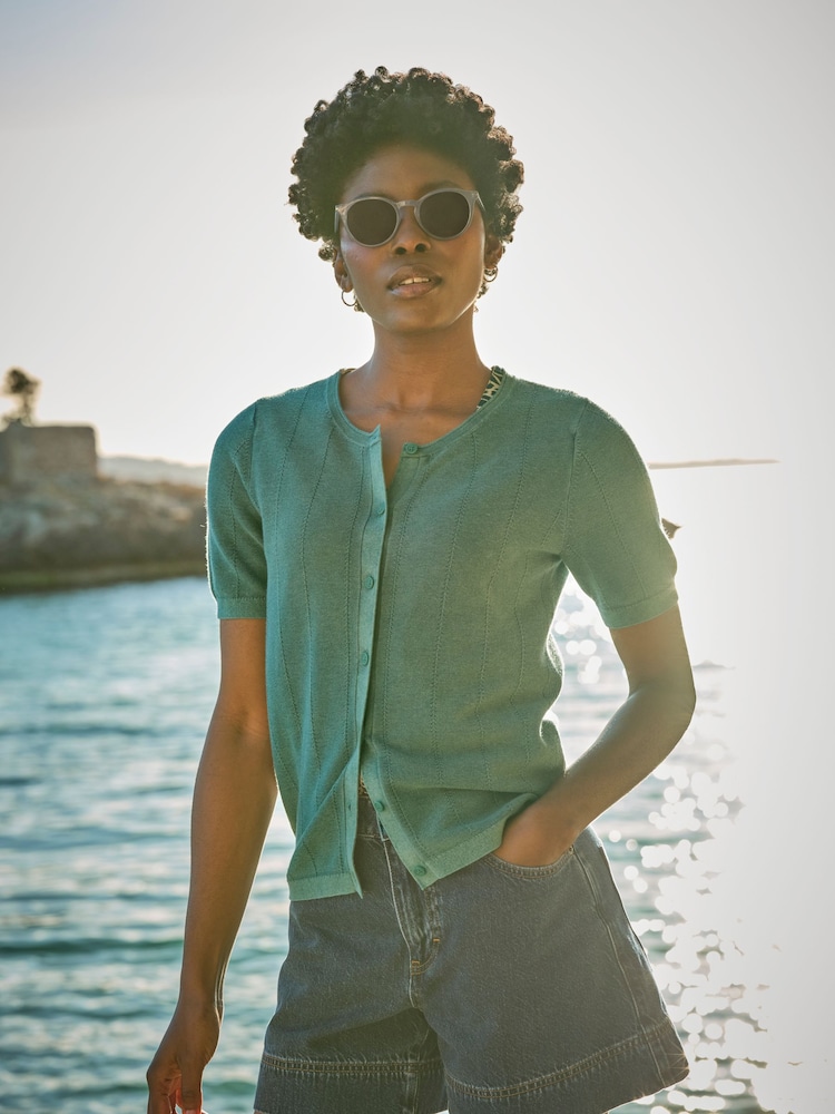 FatFace Lili Teal Blue Laundered Short Sleeve Cardigan - Image 1 of 7