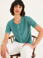 FatFace Lili Teal Blue Laundered Short Sleeve Cardigan - Image 5 of 7