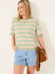 FatFace Teal Blue Space Dye Stripe Short Sleeve T Shirt - Image 1 of 9