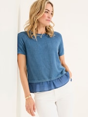 FatFace Lena Blue Laundered Woven Knit Top - Image 1 of 6