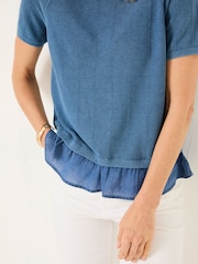 FatFace Lena Blue Laundered Woven Knit Top - Image 5 of 6