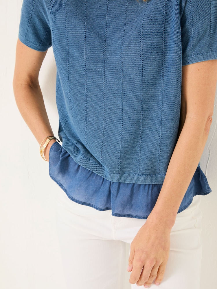 FatFace Lena Blue Laundered Woven Knit Top - Image 5 of 6