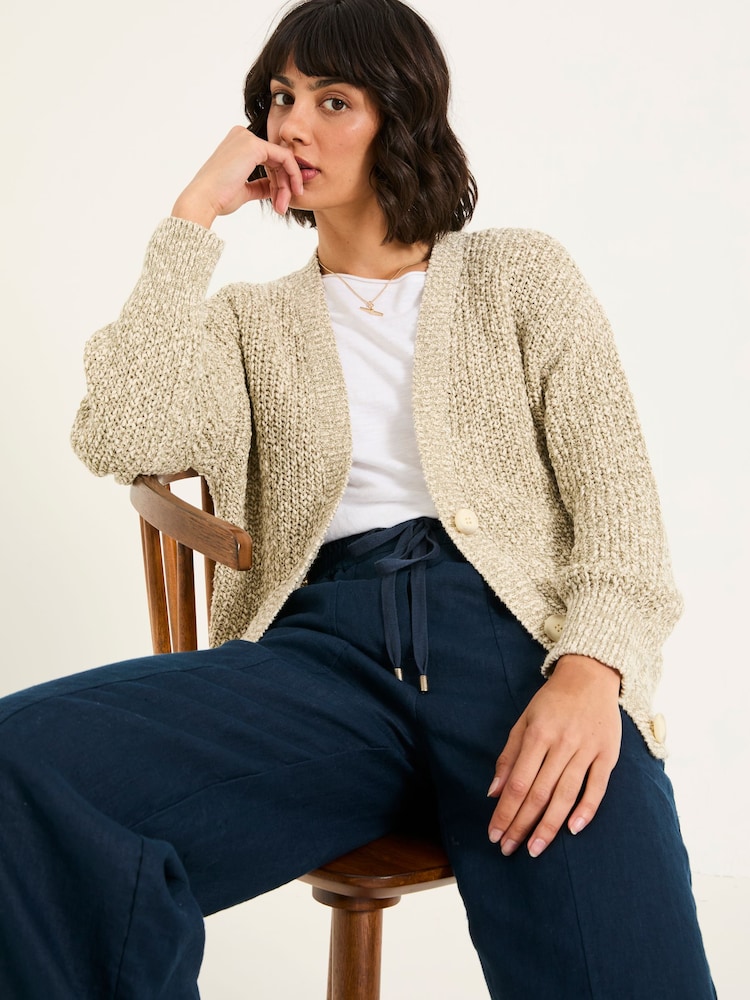 FatFace Olive Natural Knitted Tape Yarn Cardigan - Image 1 of 6