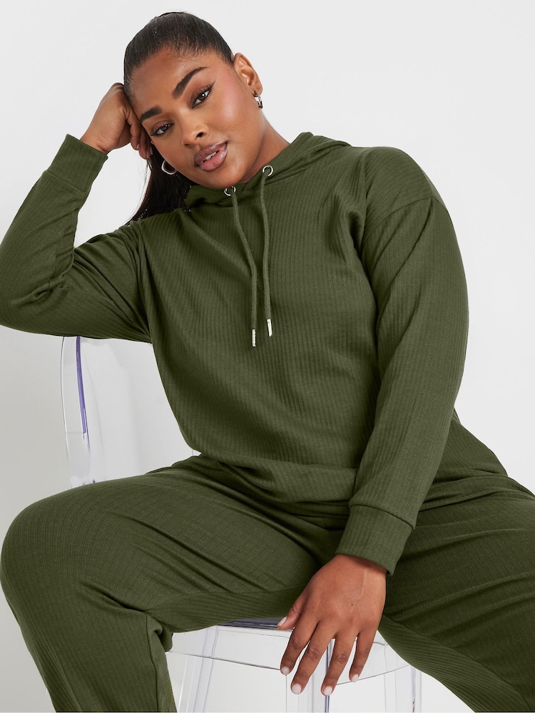 Yours Curve Green Ribbed Hoodie - Image 1 of 5