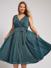 Зеленый - Yours Curve London Металлик Wrap Skater платья - Image 2 of 5