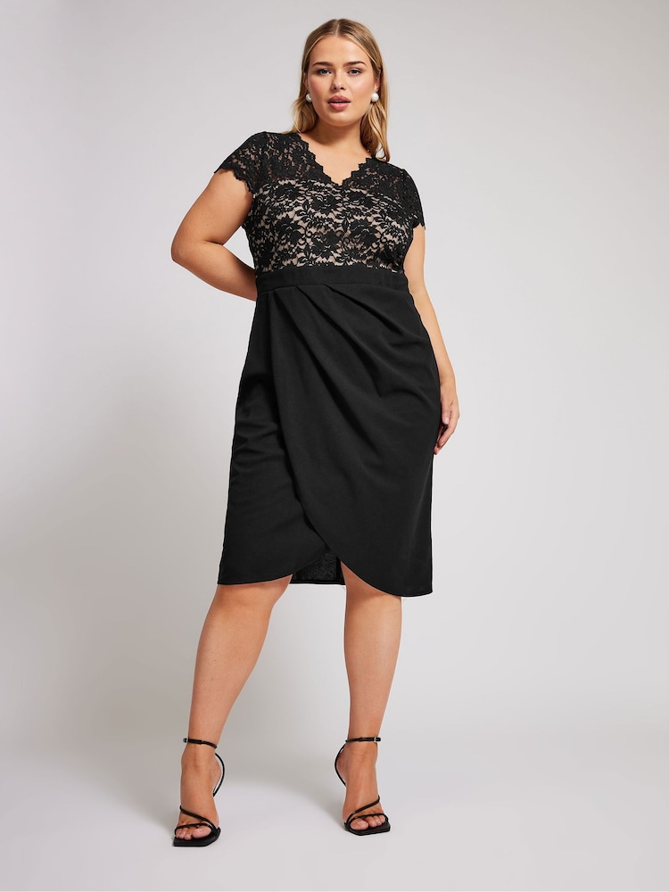 Yours Curve Black/chrome London Lace Wrap Dress - Image 1 of 5 Yours Curve Black/chrome London Lace Wrap Dress - Image 1 of 5