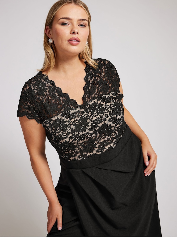 Yours Curve Black/chrome London Lace Wrap Dress - Image 2 of 5 Yours Curve Black/chrome London Lace Wrap Dress - Image 2 of 5