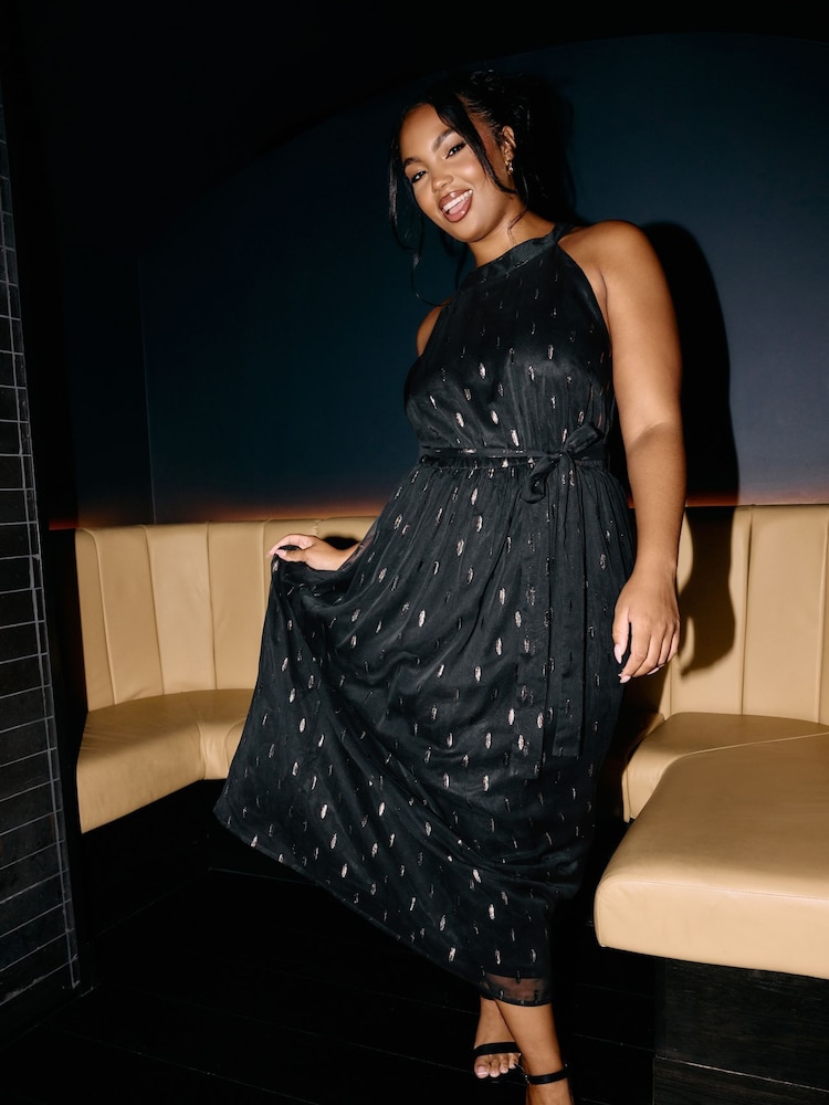 Yours Curve Black London Metallic Dobby Choker Maxi Dress - Image 1 of 6