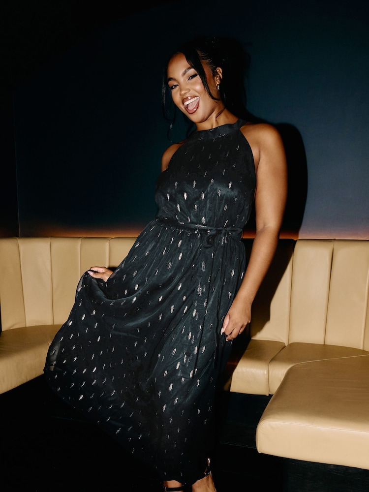 Yours Curve Black London Metallic Dobby Choker Maxi Dress - Image 2 of 6