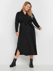 Yours Curve Black Rib Button Front A Line Dress - Image 1 of 5