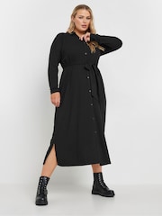 Yours Curve Black Rib Button Front A Line Dress - Image 2 of 5