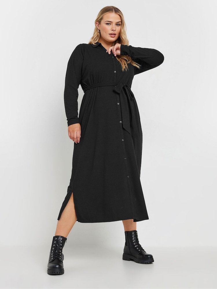 Yours Curve Black Rib Button Front A Line Dress - Image 2 of 5