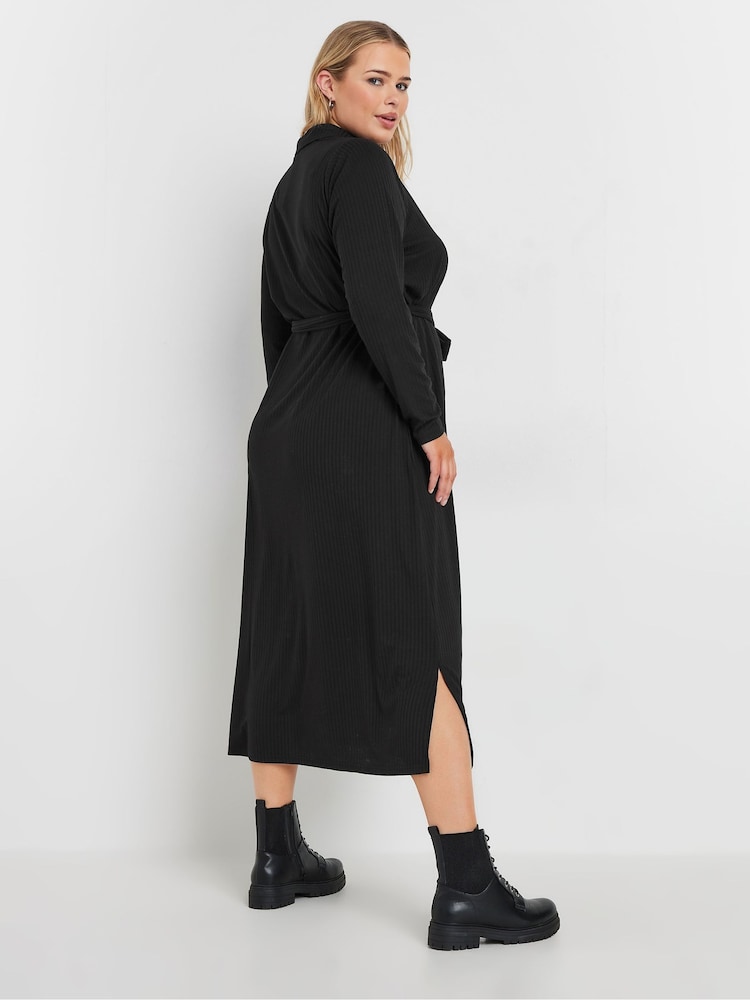 Yours Curve Black Rib Button Front A Line Dress - Image 3 of 5