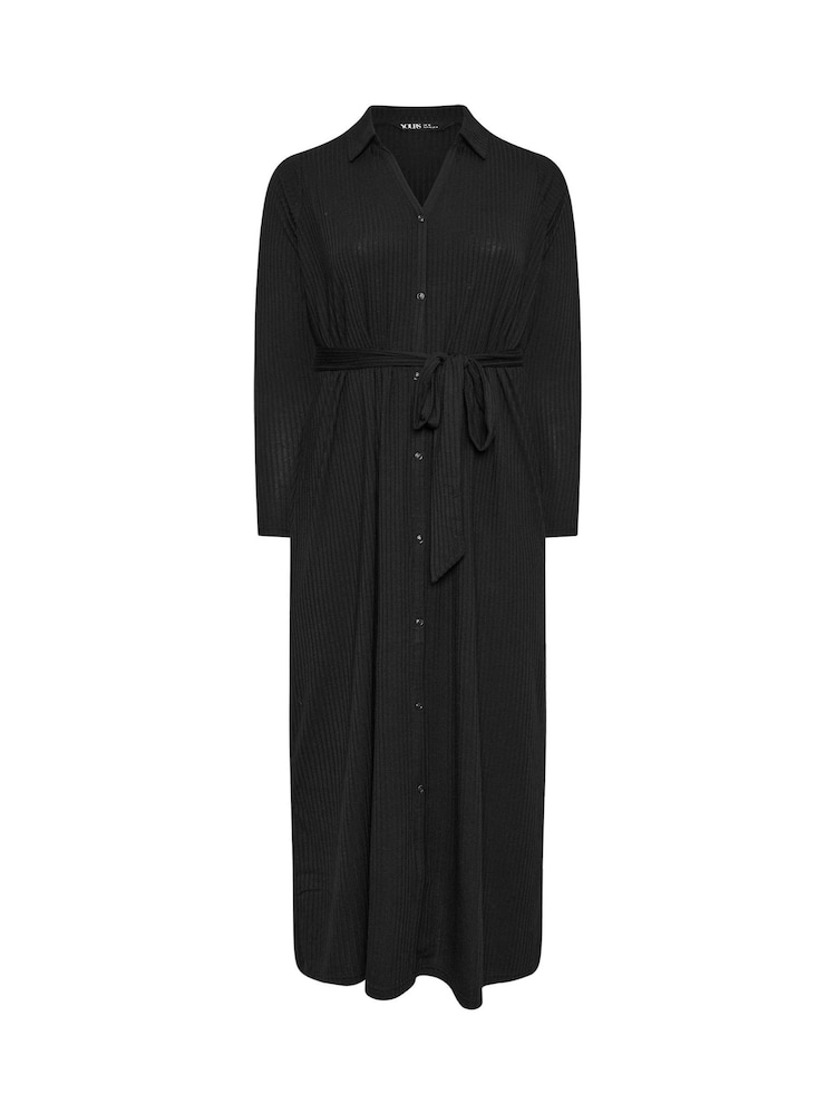 Yours Curve Black Rib Button Front A Line Dress - Image 5 of 5