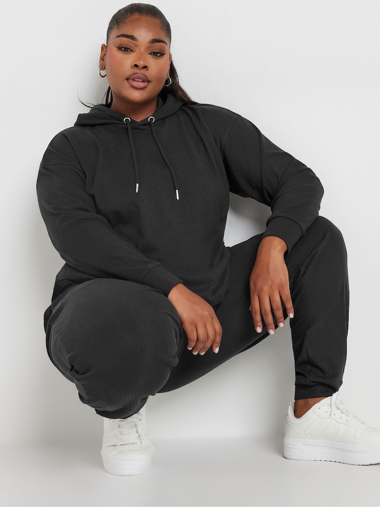 Yours Curve Black Ribbed Hoodie - Image 1 of 5
