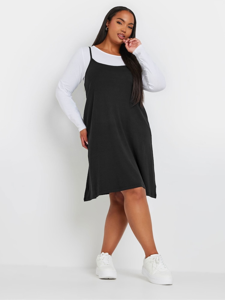 Yours Curve Black Long Sleeve Pinafore Dress - Image 2 of 5
