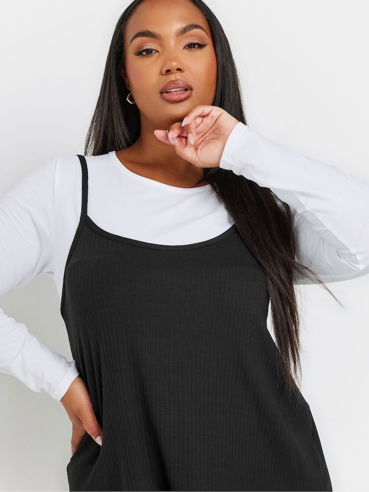 Yours Curve Black Long Sleeve Pinafore Dress - Image 4 of 5