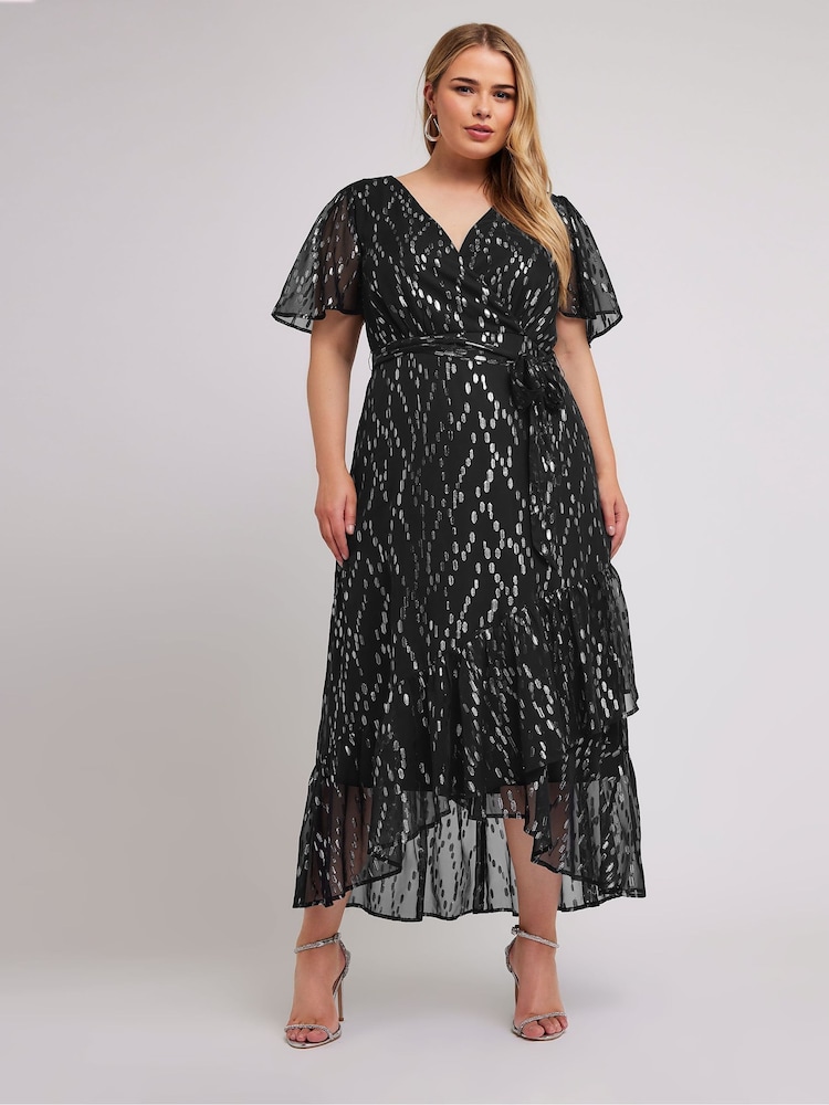 Yours Curve Black/Silver London Metallic Dobby Ruffle Wrap Dress - Image 4 of 5