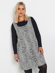 Yours Curve Grey A-Line Leopard Print Pinafore Dress - Image 1 of 5