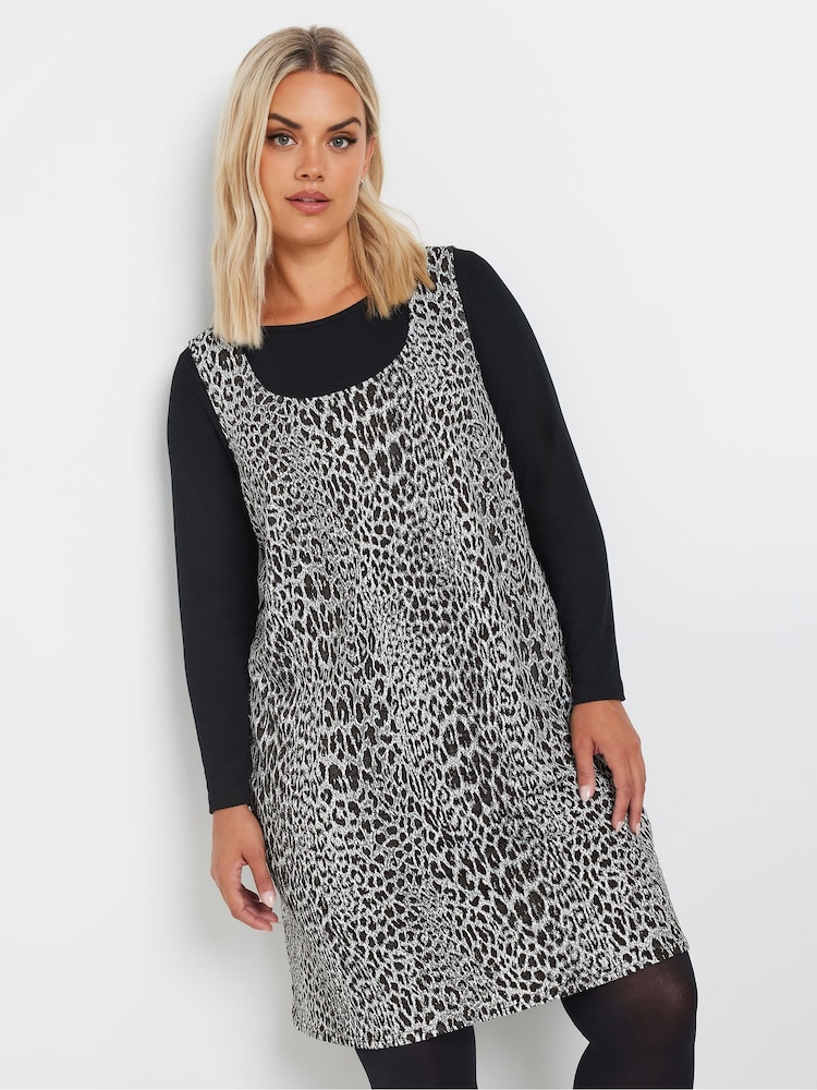 Yours Curve Grey A-Line Leopard Print Pinafore Dress - Image 1 of 5