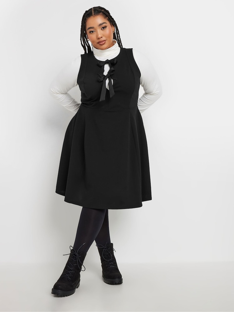 Yours Curve Black Crew Neck Double Bow Pinafore Dress - Image 1 of 5