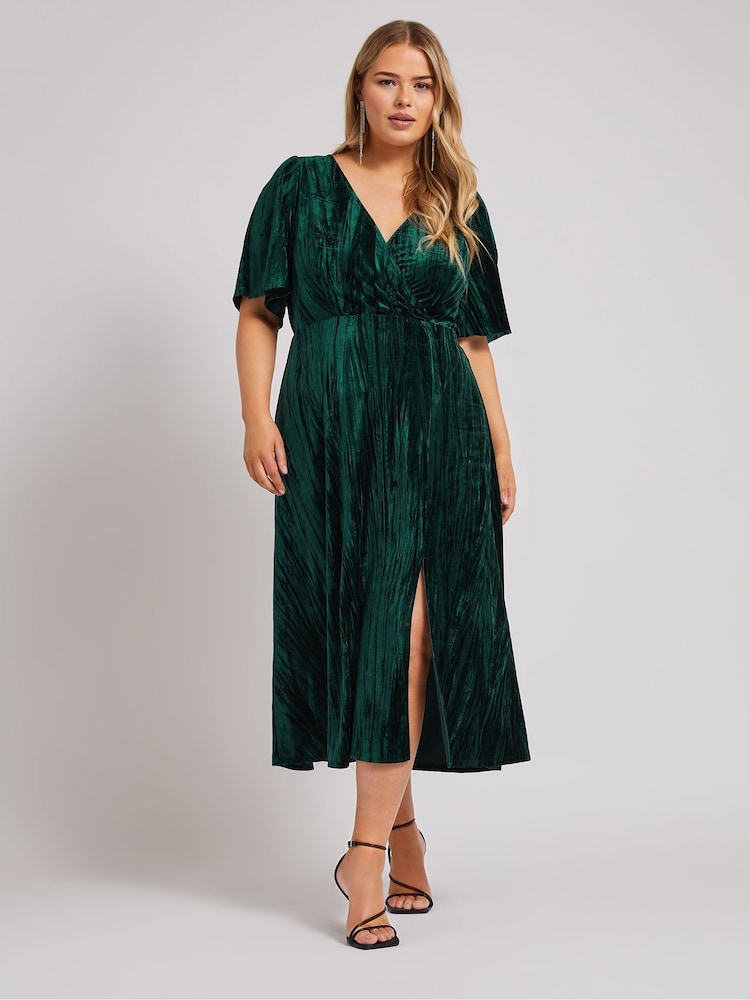 crushed green velvet dress Harbor Green Crushed Velvet Wrap Detail Midi Dress – Girl In Mind main image 1