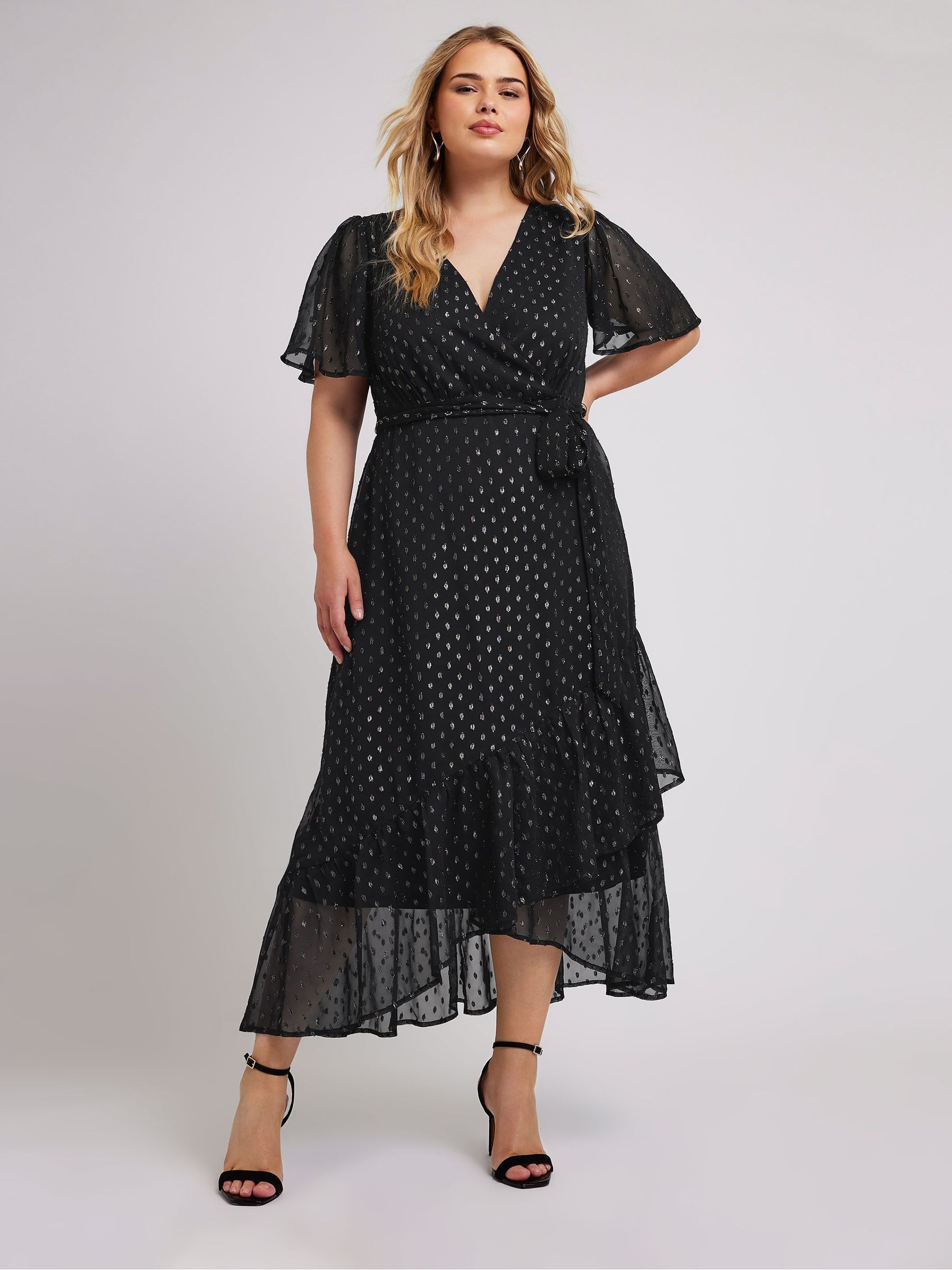 Yours Curve Women's Black London Metallic Dobby Ruffle Wrap Dress