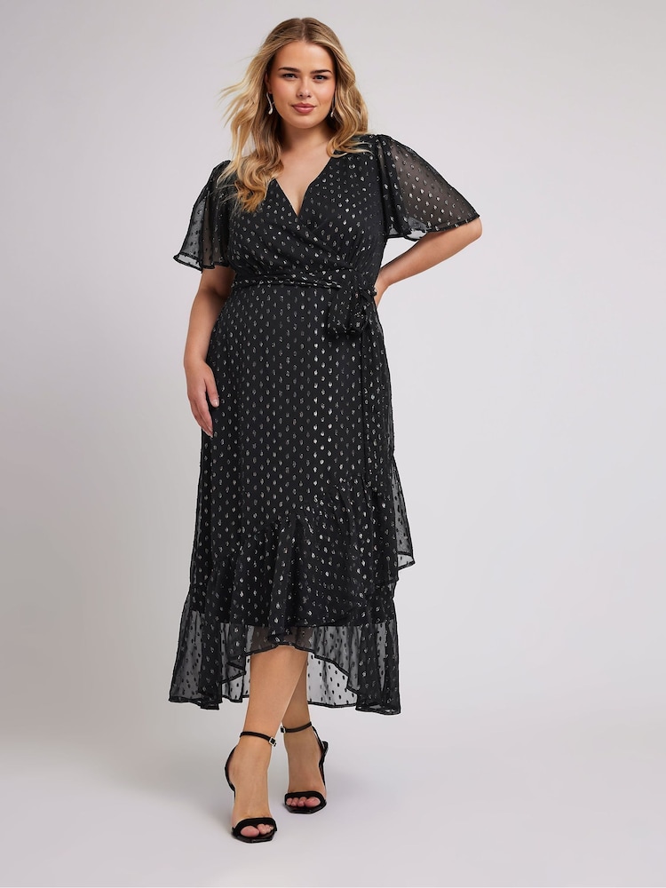 Schwarz - Yours Curve London Dobby-Wickelkleid in Metallicoptik mit Rüschen - Bild 2 von 5 Schwarz - Yours Curve London Dobby-Wickelkleid in Metallicoptik mit Rüschen - Bild 2 von 5