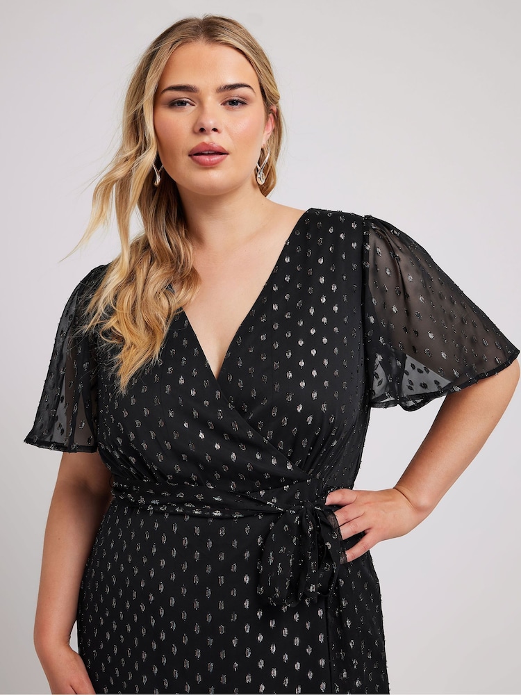 Yours Curve Black London Metallic Dobby Ruffle Wrap Dress - Image 4 of 5