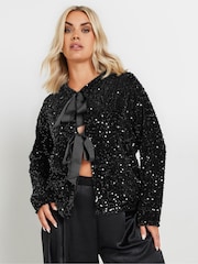 Yours Curve Black Bow Sequin Cardigan - Image 1 of 4