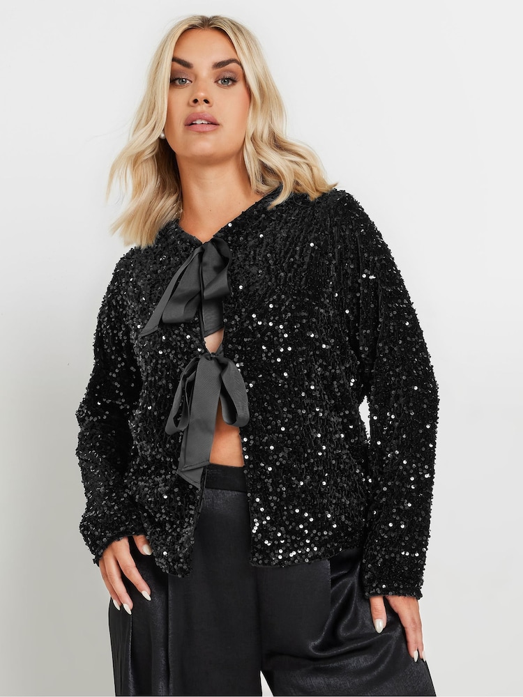 Yours Curve Black Bow Sequin Cardigan - Image 1 of 4