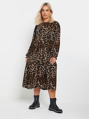 Yours Curve Brown Textured Midaxi Animal Print Frill Dress - Image 1 of 5