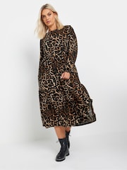 Yours Curve Brown Textured Midaxi Animal Print Frill Dress - Image 2 of 5