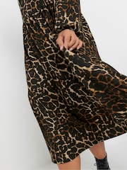 Yours Curve Brown Textured Midaxi Animal Print Frill Dress - Image 3 of 5