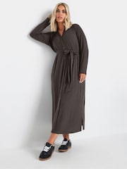 Yours Curve Brown Rib Button Front A Line Dress - Image 1 of 5