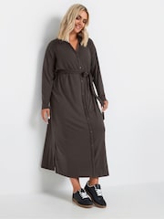 Yours Curve Brown Rib Button Front A Line Dress - Image 2 of 5
