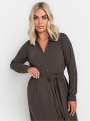 Yours Curve Brown Rib Button Front A Line Dress - Image 4 of 5