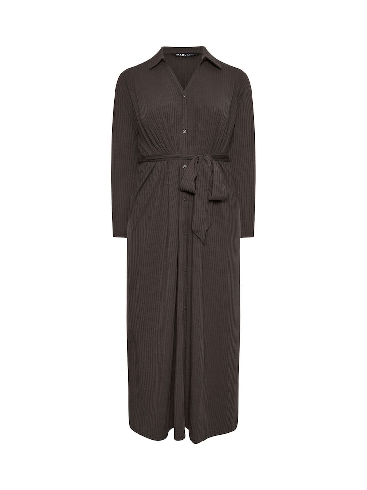 Yours Curve Brown Rib Button Front A Line Dress - Image 5 of 5