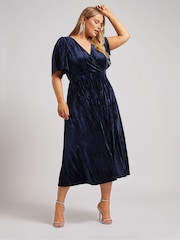 Yours Curve Blue London Crushed Velvet Wrap Dress - Image 1 of 5