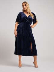 Yours Curve Blue London Crushed Velvet Wrap Dress - Image 2 of 5