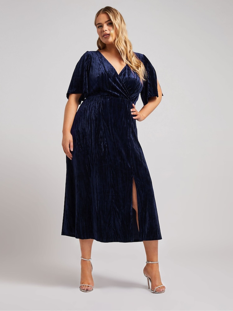 Yours Curve Blue London Crushed Velvet Wrap Dress - Image 2 of 5