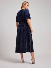 Yours Curve Blue London Crushed Velvet Wrap Dress - Image 3 of 5
