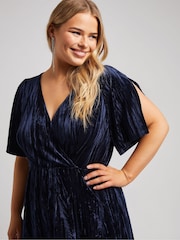 Yours Curve Blue London Crushed Velvet Wrap Dress - Image 4 of 5