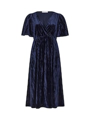 Yours Curve Blue London Crushed Velvet Wrap Dress - Image 5 of 5