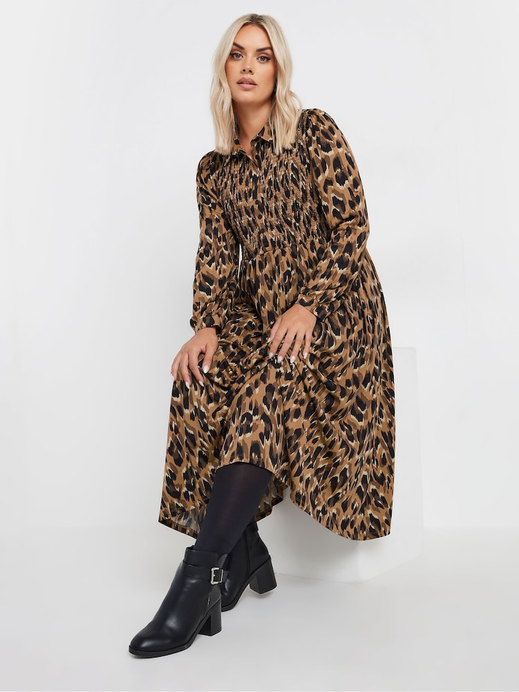 Yours Curve Brown Animal Print Shirred Maxi Dress - Image 1 of 5