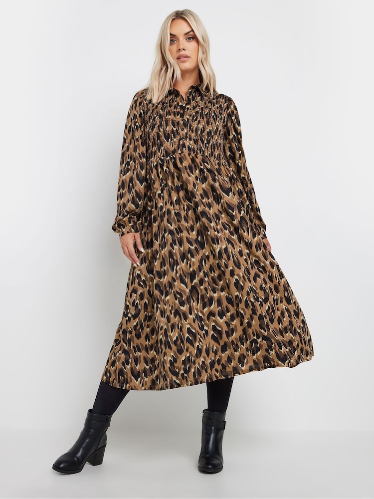 Yours Curve Brown Animal Print Shirred Maxi Dress - Image 2 of 5