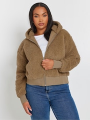 Yours Curve Brown Ribbed Hooded Feather Fleece - Image 1 of 6